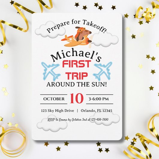 犬のパイロット飛んでいる飛行機、かわいいおもしろい子供の誕生日 招待状
