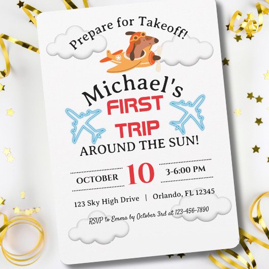 犬のパイロット飛んでいる飛行機、かわいいおもしろい子供の誕生日 招待状