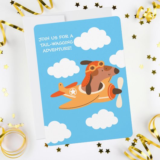 犬のパイロット飛んでいる飛行機、かわいいおもしろい子供の誕生日 招待状