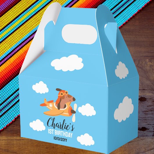 犬のパイロット飛んでいる飛行機、かわいいキッズブルー誕生日 フェイバーボックス