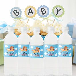 犬のパイロット飛んでいる飛行機、かわいいキッズブルー誕生日 ペットボトルラベル