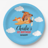 犬のパイロット飛んでいる飛行機、かわいいキッズブルー誕生日 ペーパープレート (正面)