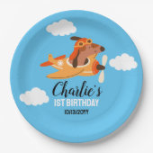 犬のパイロット飛んでいる飛行機、かわいいキッズブルー誕生日 ペーパープレート (正面)