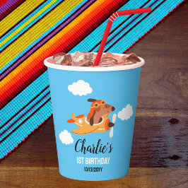 犬のパイロット飛んでいる飛行機、かわいいキッズブルー誕生日 紙コップ