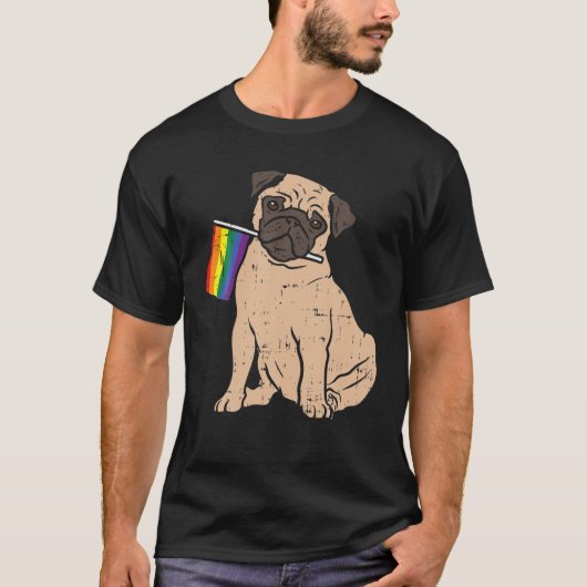 犬のパグレインボーフラッグゲイプライドLGBT動物のペットの値リスト Tシャツ (正面)