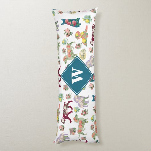 犬のパターンとヴィンテージ水色の花モノグラム ボディピロー (裏面 (縦))