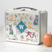 犬のパターンとヴィンテージ水色の花モノグラム メタルランチボックス (インサイチュ)