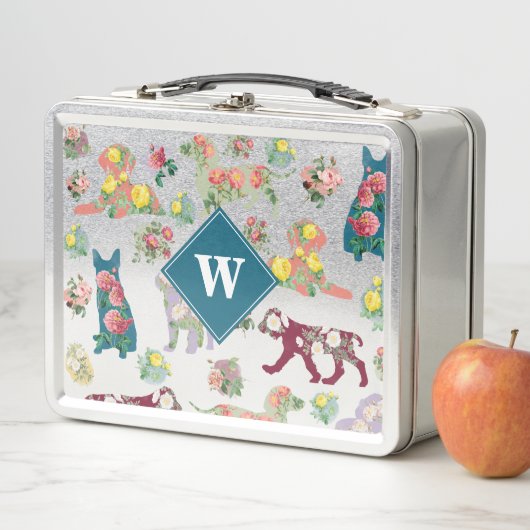 犬のパターンとヴィンテージ水色の花モノグラム メタルランチボックス (インサイチュ)
