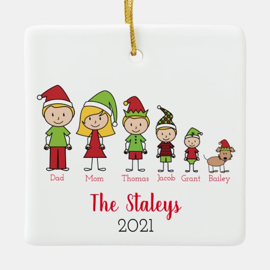 犬のパーソナライズされたクリスマスを飾ったかわいい家族 セラミックオーナメント (正面)