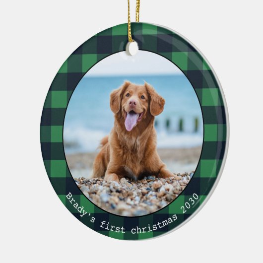 犬のパーソナライズされたペット写真バッファローのプレイドクリスマス セラミックオーナメント (左)