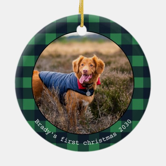 犬のパーソナライズされたペット写真バッファローのプレイドクリスマス セラミックオーナメント (裏面)