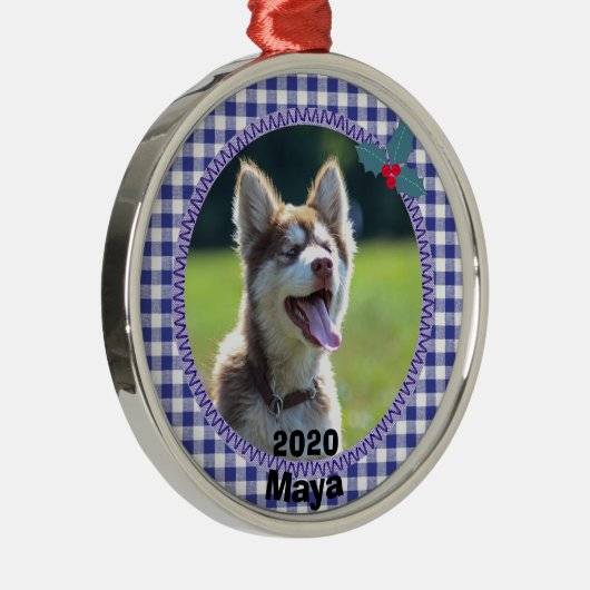 犬のパーソナライズされた子犬のクリスマス写真 メタルオーナメント (右)