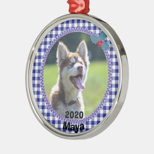犬のパーソナライズされた子犬のクリスマス写真 メタルオーナメント (左)