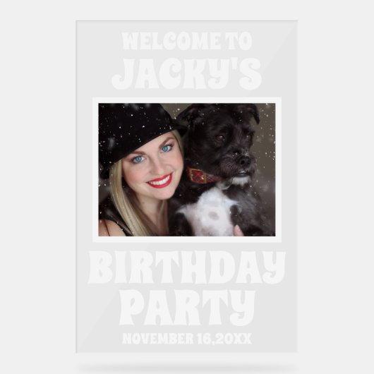 犬のパーソナライズされた誕生日パーティー写真へようこそ アクリルサイン (正面)