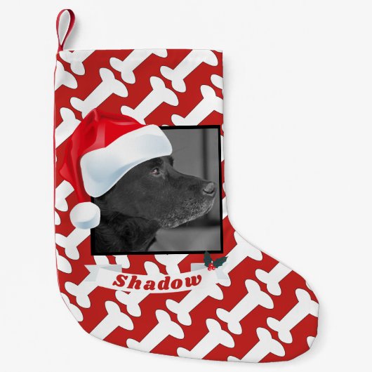 犬のパーソナライズな写真の名前の赤のためのサンタの帽子 スモールクリスマスストッキング (正面)