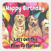 犬のパーティーこの手を取得しよう帽子でスタートした犬 スクエアシール (正面)