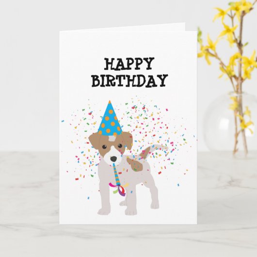 犬のパーティー – 誕生日パーティーで動物 カード (黄色い花)