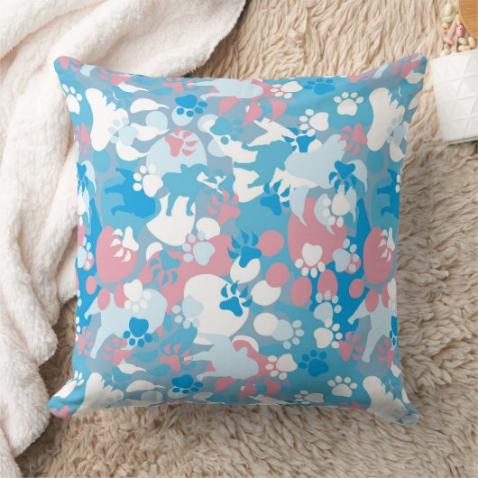 犬のピンクおよび青いカムフラージュパターン クッション (ブランケット)