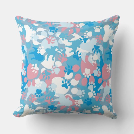 犬のピンクおよび青いカムフラージュパターン クッション (正面)