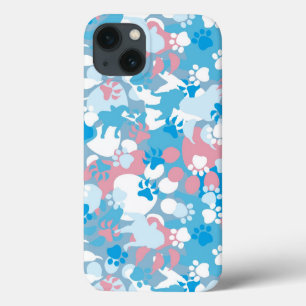 犬のピンクおよび青いカムフラージュパターン iPhone 13ケース