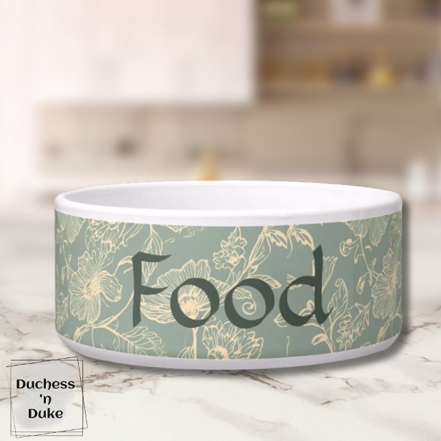 犬のフードボウル - シェードグリーン・ボタニカル 名前 ボウル (Personalized Sage Green Botanical Food Pet Bowl on marble counter top)