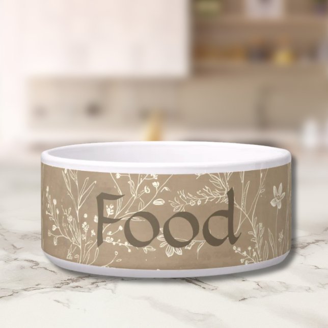 犬のフードボウル - ブラウン ボタニカル, パーソナライズド ボウル (Personalized Brown Botanical Pet Food Bowl)