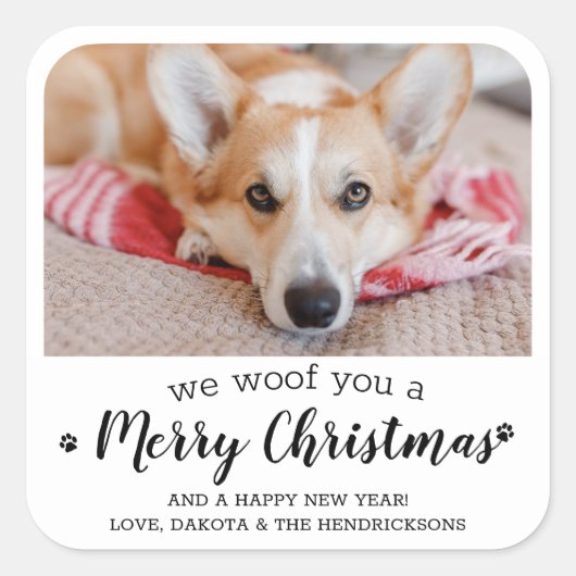 犬のペット写真からモダンのメリークリスマス スクエアシール (正面)
