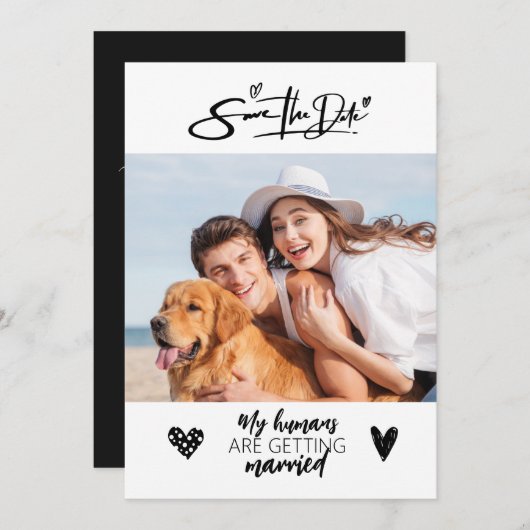 犬のペット写真を使ったラスティックな結婚式のSave the Dateカード 黒い結婚式 招待状 (正面/裏面)