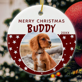犬のペット写真 メリークリスマス 赤い星のパターン セラミックオーナメント
