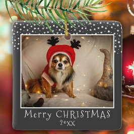犬のペット写真 星 グレー メリークリスマス セラミックオーナメント