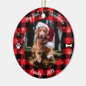 犬のペット初めてのクリスマス写真素朴バッファローチェック セラミックオーナメント (左)