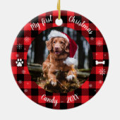 犬のペット初めてのクリスマス写真素朴バッファローチェック セラミックオーナメント (裏面)