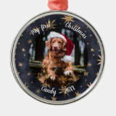 犬のペット初めてのクリスマス写真素朴乱雑な星 メタルオーナメント (正面)
