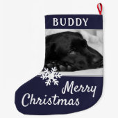 犬のペット名フォトスノーフレークダークブルー ラージクリスマスストッキング (裏面)
