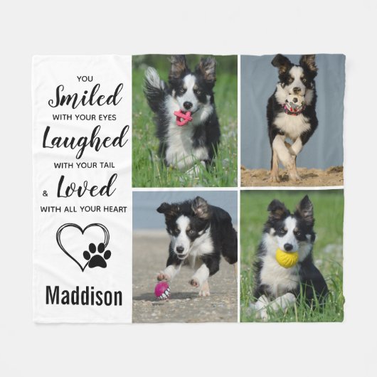 犬のペット記念碑 – 記念写真コラージュ フリースブランケット (正面(横))