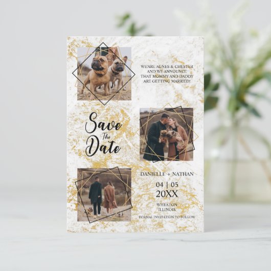 犬のペット3枚の写真婚約したのフェイク金ゴールド効果 (スタンド正面)