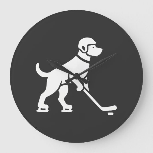 犬のホッケー選手のシルエット ラージ壁時計 (正面)