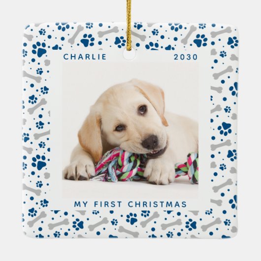 犬のホリデーポープリントかわいいパーソナライズされたペットの写真 セラミックオーナメント (裏面)