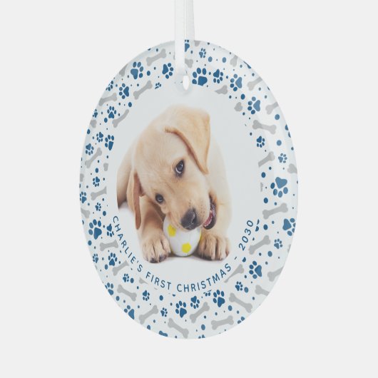 犬のホリデーポープリントパーソナライズされた2 Pet写真 ガラスオーナメント (正面左)