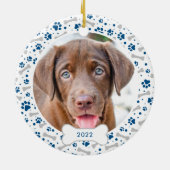犬のホリデーポープリントブルーパーソナライズされたペット写真 セラミックオーナメント (裏面)