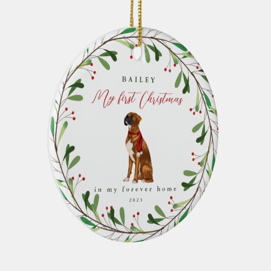 犬のボクサーと初めてのクリスマス セラミックオーナメント (右)