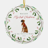 犬のボクサーと初めてのクリスマス セラミックオーナメント (正面)