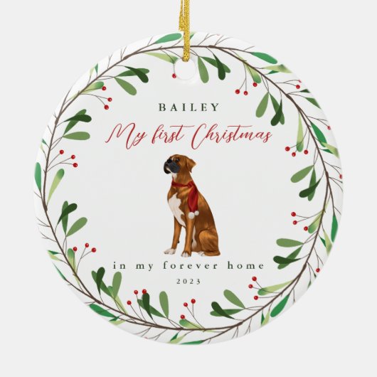 犬のボクサーと初めてのクリスマス セラミックオーナメント (裏面)
