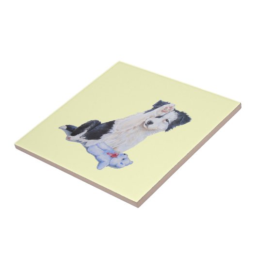 犬のポートレート絵画のかわいいコリ縁どーの子犬 タイル (側面)