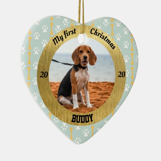 犬のマイ初めてのクリスマス子犬の写真名ハート セラミックオーナメント (右)