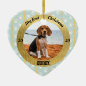 犬のマイ初めてのクリスマス子犬の写真名ハート セラミックオーナメント (正面)