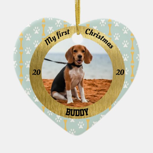 犬のマイ初めてのクリスマス子犬の写真名ハート セラミックオーナメント (正面)