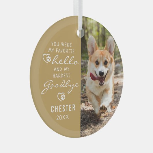 犬のメモリアルお気に入りの写真Hello Hard Goodbye ガラスオーナメント (正面右)