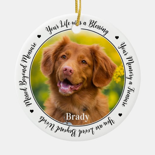 犬のメモリアルのパーソナライズ2フォトペットロス記念 セラミックオーナメント (正面)