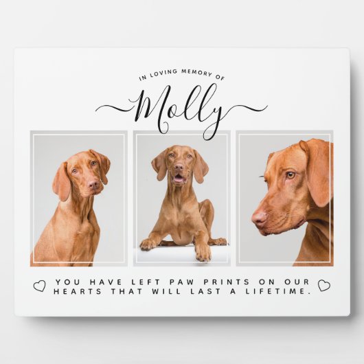 犬のメモリアルの贈り物 – ペットロス3写真コラージホワイト フォトプラーク (正面)